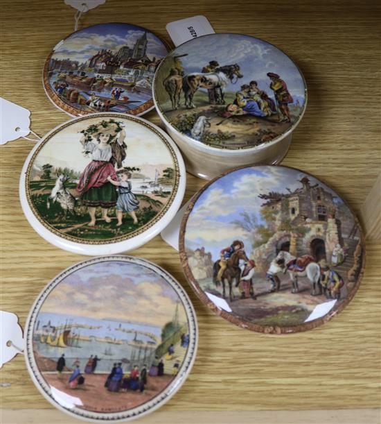 A Prattware pot lid and base, The Skewbald Horse (277) and four other pot lids,